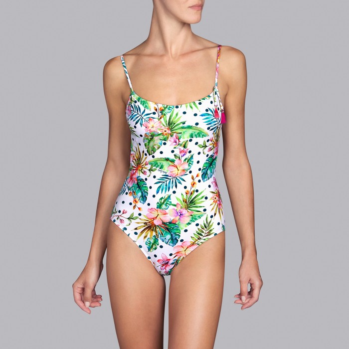Tropical Swimsuits- Padded Tropicale print white Swimsuits Shelter tropical dots V , padded t-shirt, Andres Sarda , Summer 2019