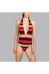Black striped red and beige swimsuit with back and front neckline Andres Sarda - Pop Black Flame 2020 low cut swimsuit