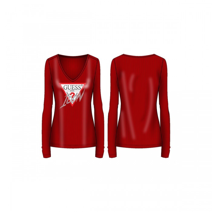 T-shirt logo Icon triangle Guess- GUESS t-shirt rouge, manches longues, col en V GUESS