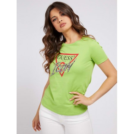 Camiseta verde manga corta Guess- Camiseta verde logo GUESS SS CN ICON TEE pedrería