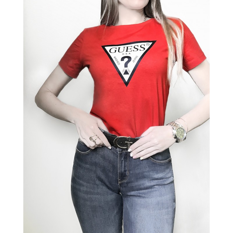 perro grado Personal Camiseta roja logo triángulo GUESS- SS CN ORIGINAL TEE algodón rojo CAMISETAS  Mujer GUESS- Online