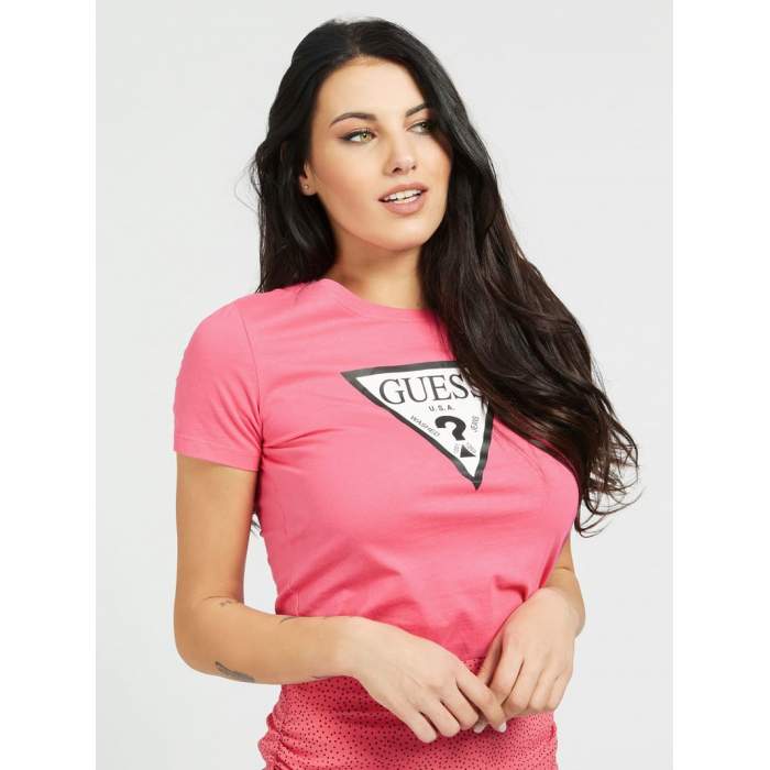 Camiseta rosa logo triángulo Guess- Camiseta rosa de manga corta Guess mujer